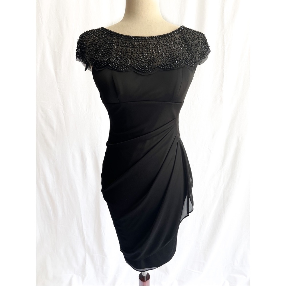 Cache Black Fitted Dress With Rhinestones Around the Top and Cap Sleeves